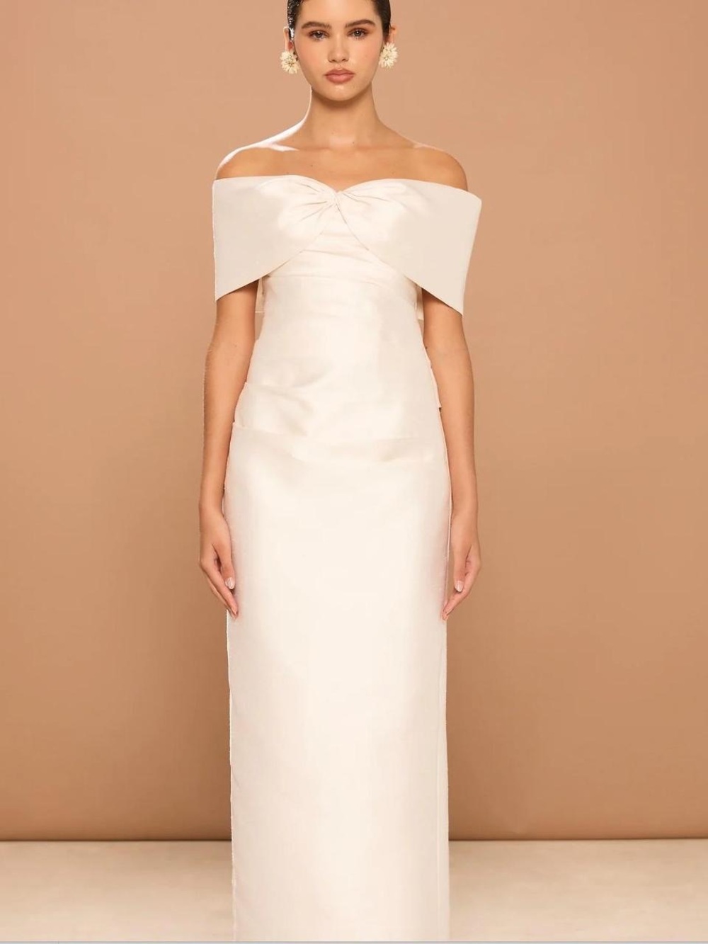 Off-Shoulder Cream Wedding Gown with Knot Front